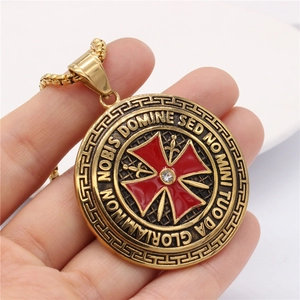 Vintage gold shield pendant necklace featuring red enamel cross and crystal for men