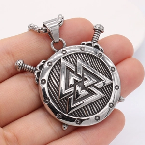 Retro Nordic Viking Valknut Shield Pendant Necklace For Men Stainless Steel Cross Swords Amulet Punk Jewelry Gift