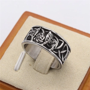 Vintage Viking wolf head ring in stainless steel with Celtic knot engravings
