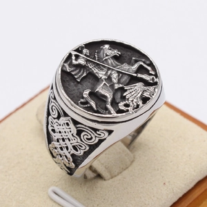 Vintage Saint George and the Dragon knight ring in blackened silver finish for men