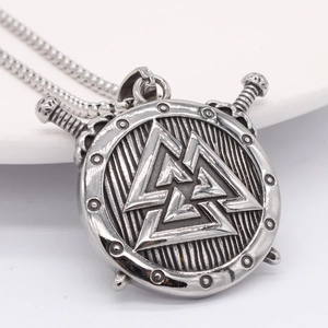 Nordic Viking shield necklace with Valknut symbol and crossed swords on box chain