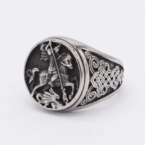 Vintage St. George dragon slayer signet ring in silver finish with Celtic knot details