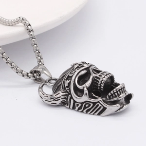 Vintage oxidized silver bull skull pendant necklace for men made of stainless steel