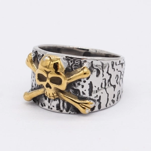 Retro punk titanium steel skull ring with vintage silver texture and gold skull detail