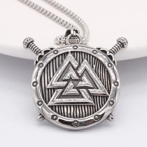 Vintage Viking Valknut shield and swords pendant necklace in antique silver finish