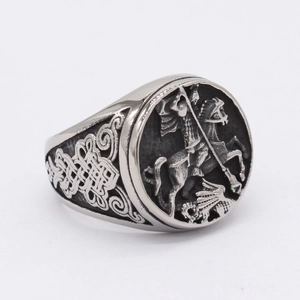 Vintage silver St. George Slaying Dragon ring for men with Celtic knot details