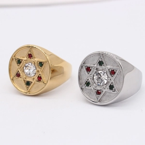 Chevalières hexagramme minimalistes en or et argent avec zircons colorés en acier