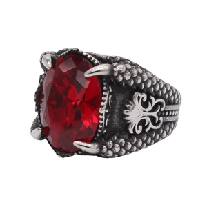 Retro Herrenring mit Drachenkralle und großem ovalem Rubin im polierten Stahl Design