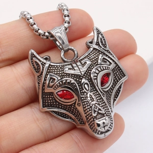 Retro viking wolf head pendant necklace with red zircon eyes and stainless steel box chain