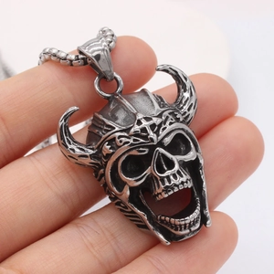 Retro bull skull pendant necklace in titanium steel with gothic horned helmet details