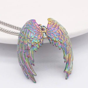 Retro fallen angel wings pendant with rainbow metallic finish and silver bead chain