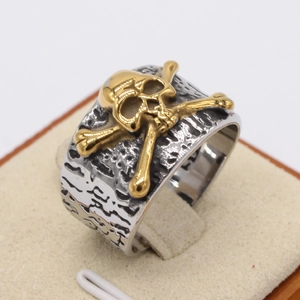 Vintage punk skull and crossbones titanium steel ring with oxidized silver finish