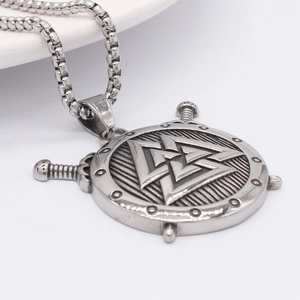 Retro stainless steel Viking Valknut shield necklace with sword detail and pearl chain