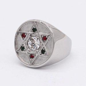 Bague étoile de David polie en acier inoxydable sertie de cristaux colorés pour homme