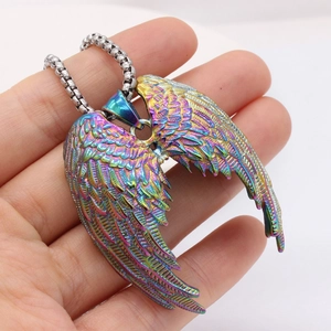 Rainbow gradient angel wing pendant necklace with vintage metallic feather textures