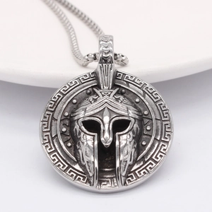 Retro silver Spartan helmet pendant necklace with Greek key pattern for men's jewelry