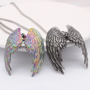 Vintage fallen angel wing pendants in rainbow and silver finishes with steel square chains