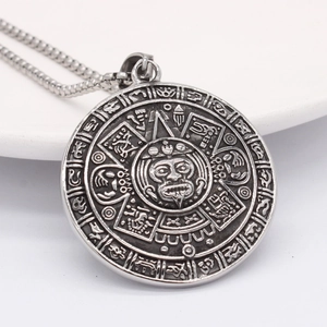 Vintage oxidized stainless steel zodiac compass pendant necklace with cuban chain link