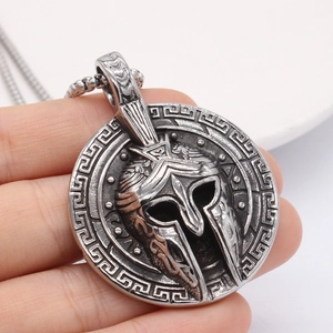 Vintage Spartan helmet pendant with Greek meander border on stainless steel chain