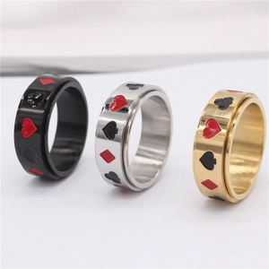 Bague rotative avec motifs de poker en acier inoxydable noir, doré et argenté