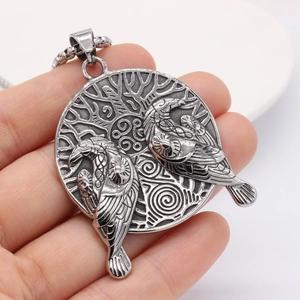 Viking raven and world tree pendant necklace in polished stainless steel for men
