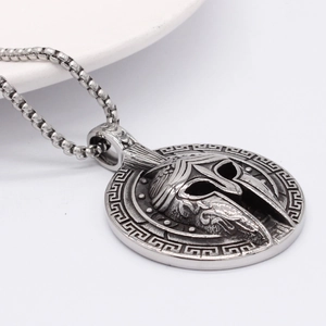 Vintage Spartan warrior helmet pendant with Greek key pattern on stainless steel box chain