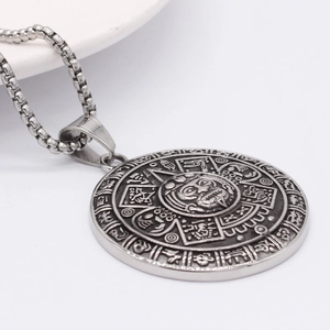 Retro stainless steel zodiac compass pendant necklace with intricate relief and box chain