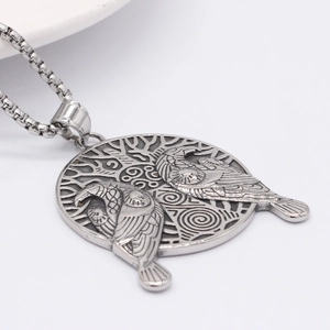 Vintage Nordic Viking world tree and double raven relief pendant necklace for men