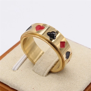 Bague spinner en acier inoxydable brossé doré avec motifs poker et émail rouge et noir