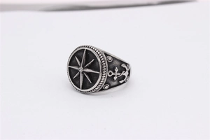 Macro view of vintage titanium steel ring with nautical compass and anchor relief