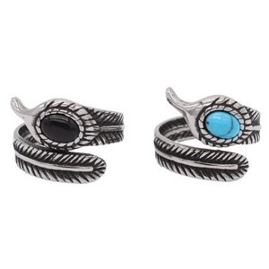 Bague pour Homme en Acier Titane Plume Rétro Couleur Argent Vintage Incrustation de Turquoise Bleue Onyx Noir Bijoux
