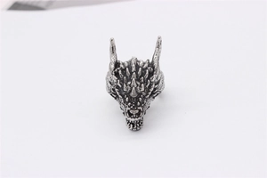 Macro view of detailed scales and antique silver finish on dragon head ring