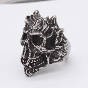 Gothic skull ring for men with vintage flame carvings in durable stainless steel