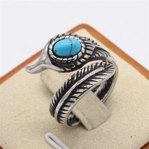 Bague plume vintage en acier inoxydable avec incrustation de turquoise et anneau ouvert