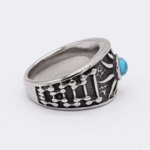 Bague rétro pour homme en acier avec pierre turquoise et motifs géométriques texturés