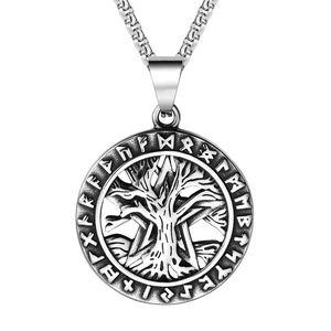 Viking Tree Of Life Runic Symbols Round Pendant Necklace Retro Titanium Steel Stainless Steel Individual Jewelry For Men Women