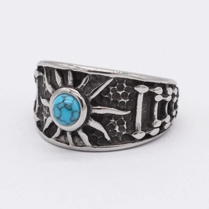 Bague vintage en acier inoxydable avec pierre turquoise et gravure soleil de style ethnique