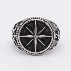 Vintage stainless steel nautical ring featuring compass, anchor, and helm motifs
