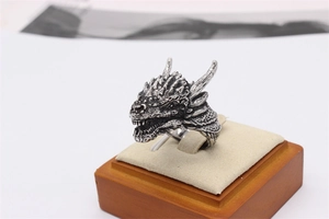Detailed close-up of retro silver dragon head ring showing intricate scales and horns