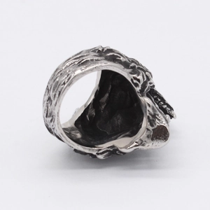 Vintage punk wolf head skull ring in antique steel finish with detailed carvings