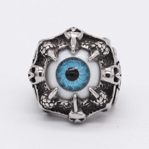 Retro gothic skull ring with blue demon eye and silver eagle claws in stainless steel
