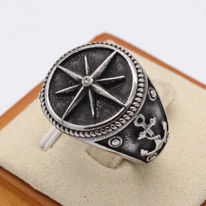 Vintage silver nautical compass ring for men with anchor relief and star stone center