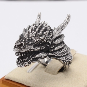 Vintage stainless steel dragon head ring with detailed scales and silver oxidized finish