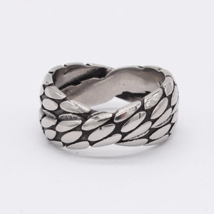 Vintage silver stainless steel ring with a wide crisscross texture and oxidized finish