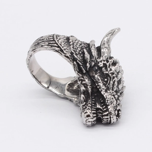 Retro stainless steel ring with a detailed dragon head design in a vintage silver finish