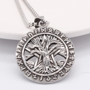 Vintage Viking tree of life pendant necklace with Nordic runes in stainless steel finish