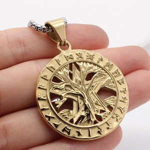 Golden Viking Tree of Life pendant with Nordic runes on a silver square link chain