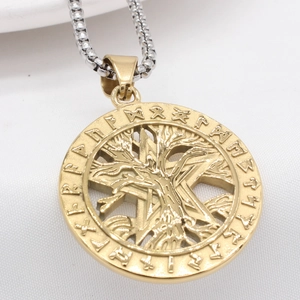 Vintage Tree of Life Viking pendant necklace with golden runes and silver box chain