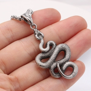 Retro snake pendant necklace in vintage titanium steel with detailed scale texture
