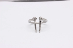 Detail view of silver stainless steel adjustable ring with unique double spike design